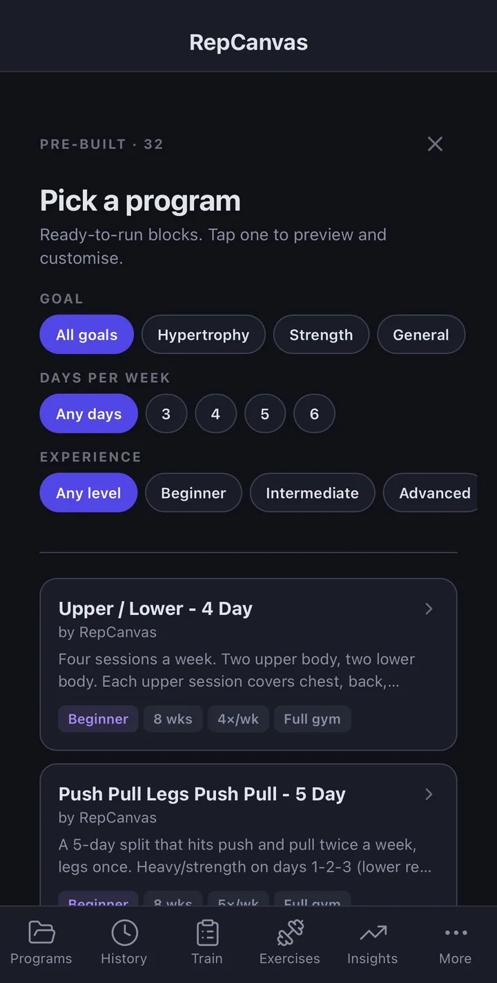 Programs catalogue with goal, days, and experience filters