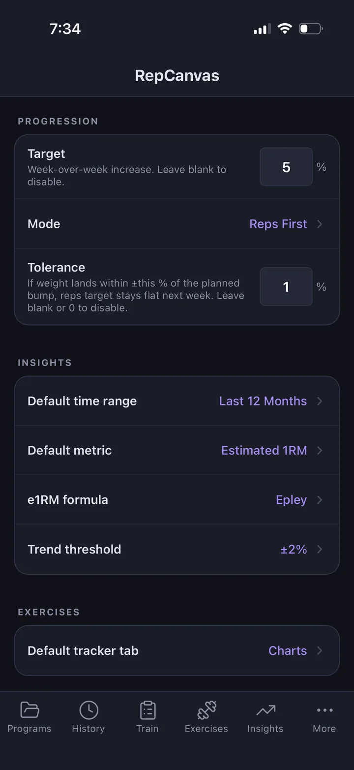 Progression settings - Target, Mode, and Tolerance per program