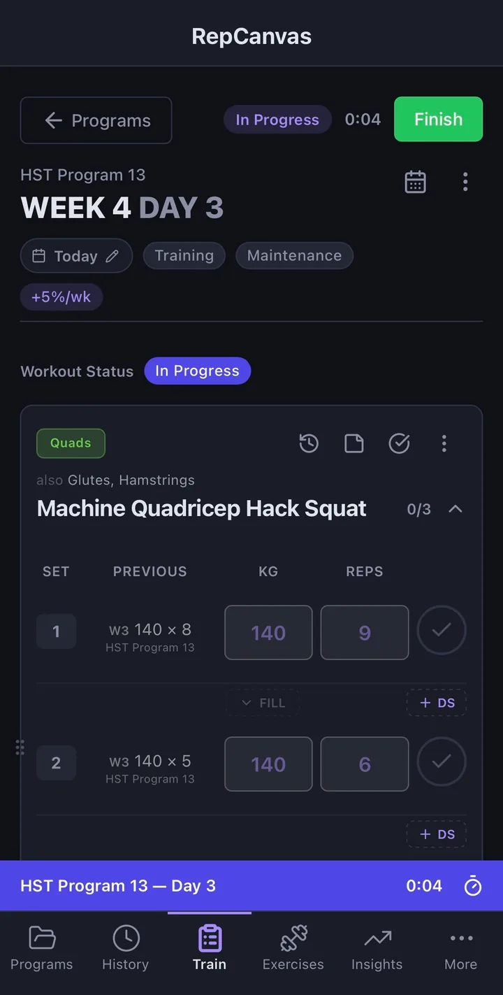 Workout in progress with sets prefilled from prior week and active timer